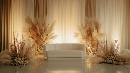 Chic intimate bridal stage combining minimalist design with subtle ethnic influences for a heartfelt celebration