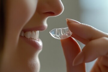 Clear Dental Aligner Held by Hand Near Mouth Orthodontic Treatment Teeth Straightening Oral
