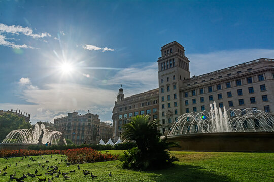 fountains and architecture at Pla&ccedil;a de Catalunya, Barcelona, Spain