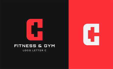Logo Fitness letter C with Gym equipment concept. Dumbble, bumble, kettlebell concept. Fitness, health, body builder logo design template.