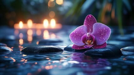 Peaceful orchid on stones by water, candles