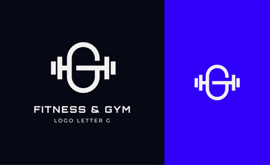 Logo Fitness letter G with Gym equipment concept. Dumbble, bumble, kettlebell concept. Fitness, health, body builder logo design template.