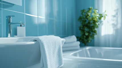 Serene Blue Bathroom: Modern Minimalist Design with Luxurious Amenities