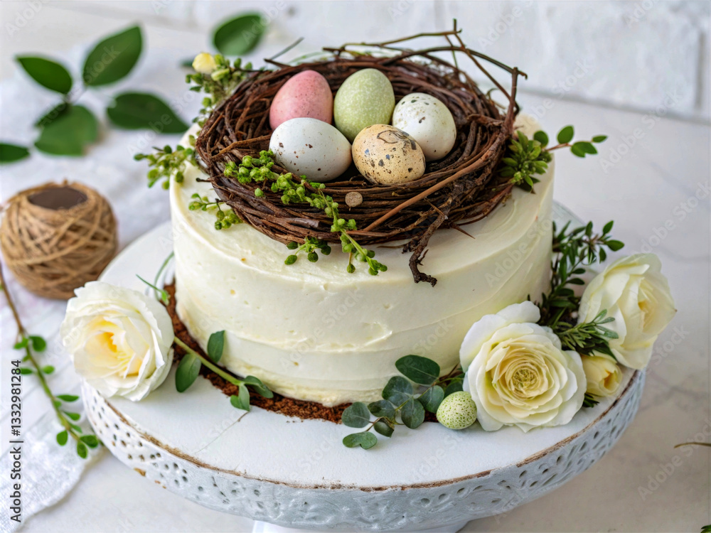 Aufkleber a cake adorned with a bird's nest containing three speckled eggs, surrounded by delicate flowers and
