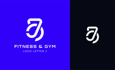 Logo Fitness letter J with Gym equipment concept. Dumbble, bumble, kettlebell concept. Fitness, health, body builder logo design template.