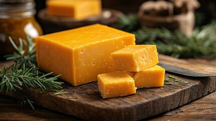 Fresh, orange cheese, cubed on a wooden board
