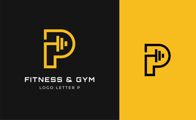 Logo Fitness letter P with Gym equipment concept. Dumbble, bumble, kettlebell concept. Fitness, health, body builder logo design template.