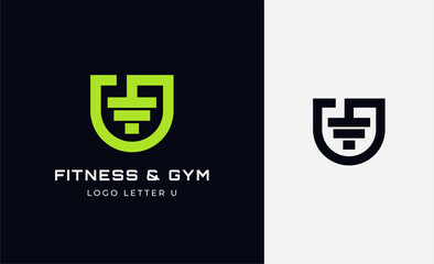 Logo Fitness letter U with Gym equipment concept. Dumbble, bumble, kettlebell concept. Fitness, health, body builder logo design template.