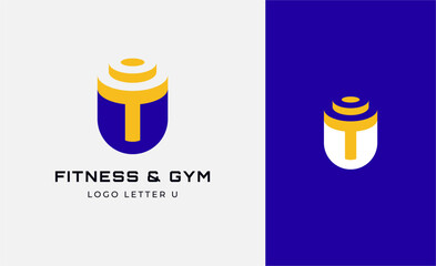 Logo Fitness letter U with Gym equipment concept. Dumbble, bumble, kettlebell concept. Fitness, health, body builder logo design template.