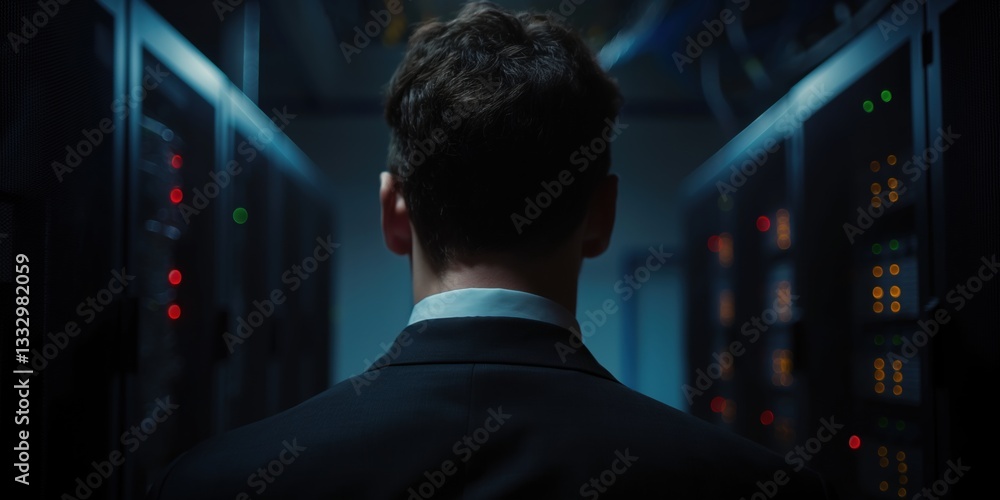 Poster a figure in a suit facing a wall of lit server racks, illustrating the corporate world of technology