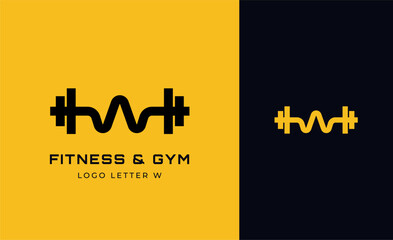 Logo Fitness letter W with Gym equipment concept. Dumbble, bumble, kettlebell concept. Fitness, health, body builder logo design template.