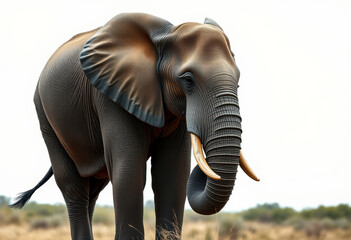 Fototapeta premium Majestic elephant stands gracefully on a smooth surface against a bright blue background, showcasing its beauty and strength.