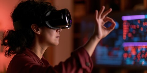 A focused woman wearing virtual reality goggles engaging with digital content, showcasing the fusion of technology with everyday lifestyle, embodying immersive experiences.