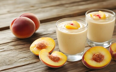 Delicious Peach Smoothie in Glasses on Wooden Table