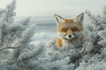 A red fox peeks from behind frost-covered branches in a winter wonderland.