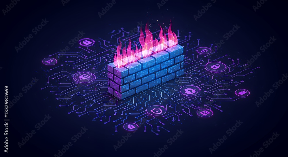 Poster a stylized depiction of a firewall being attacked, set against a dark background with glowing circui
