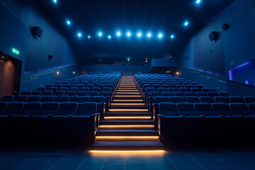 Elegant interior view of a spacious theater showcasing luxurious seating ambient lighting and architectural grandeur