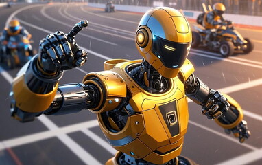 Fototapeta premium A robot participating in a race crossing the finish line at a sports event; a robot finishing the race and crossing the line; in the future, robots will be running the race in sport events; android