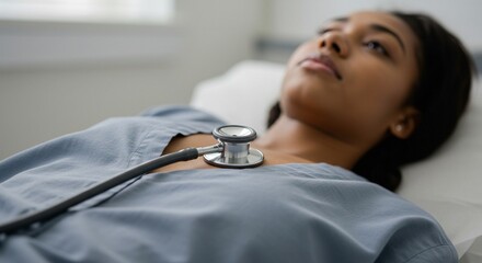 Serene Young Woman in Medical Scrubs, Stethoscope Auscultation
