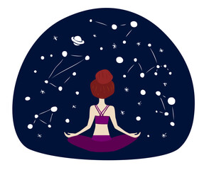 A girl sitting in lotus pose meditating looking in to a night sky wit stars and planets on it. Simple illustration.
