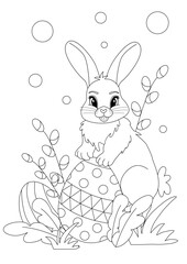 Easter coloring book page. Hare, bunny siting and holding ester egg. Leaves and flowers around it. 
