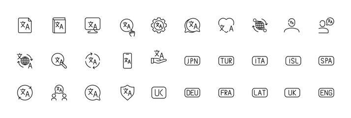 Multilingual icons set featuring translation symbols and language codes