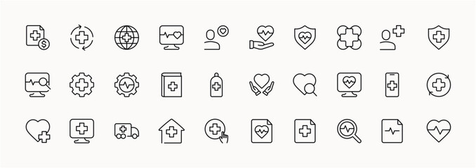Healthcare and medical icons set featuring heart, shield, and cross symbols