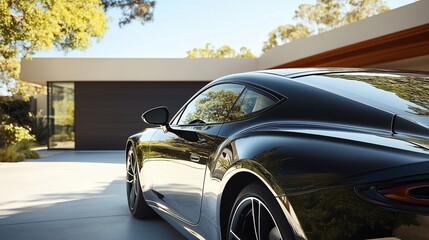 A sleek black sports car parked in front of a modern house with a landscaped garden.
