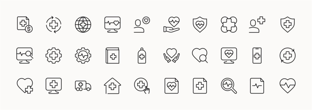 Healthcare and medical icons set featuring heart, shield, and cross symbols
