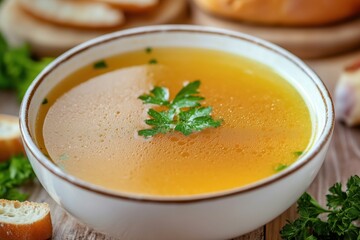 A bowl of clear soup garnished with fresh parsley on a wooden table.