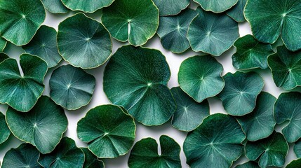 Obraz premium Lush greenery of round, vibrant green leaves arranged on a clean white surface