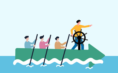 Team members rowing boat together following leaders vision while illustration