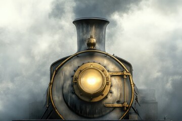 Naklejka premium A majestic steam locomotive, emitting smoke, its headlight glowing, evokes a sense of nostalgic adventure and powerful industrial heritage.