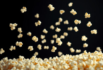 Popcorn kernels burst through the air in a lively manner, creating a vibrant and playful atmosphere against a simple backdrop.