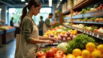 Shopper weighing fresh produce in natural fabric bags at supermarket