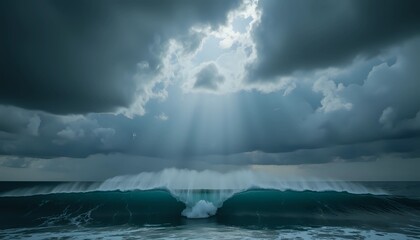 Obraz premium Dramatic ocean wave under stormy sky with light rays - powerful nature scene