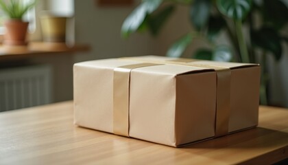 Plain brown cardboard box sealed with eco-friendly tape on table