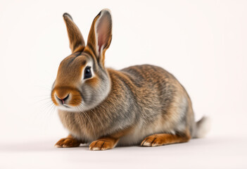 Obraz premium Fluffy rabbit with soft brown and white fur sits calmly on a plain background, displaying its curiosity and gentle demeanor.