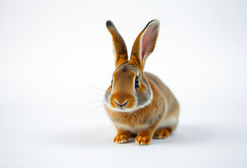 Fototapeta premium Fluffy rabbit with soft brown and white fur sits calmly on a plain background, displaying its curiosity and gentle demeanor.
