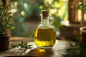 Olive oil carafe with cork stopper, surrounded by olive branches, on a wooden surface, bathed in natural light