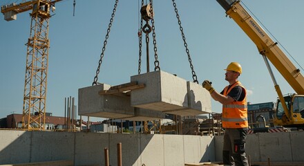 Construction Worker Guides Concrete Block Lifted by Crane at Building Site