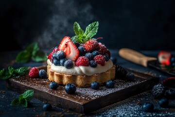 Berry tart dessert with whipped cream, blueberries, raspberries, strawberry, mint, and powdered sugar on wooden tray