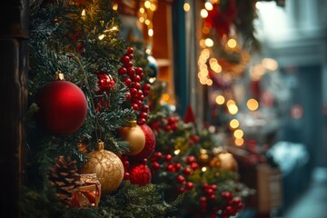 Obraz premium Christmas tree decorated with red & gold ornaments, pine cone, & gifts, with store window & bokeh lights in the background