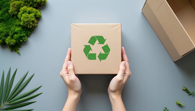 Hands holding cardboard box with recycle symbol - eco-friendly packaging