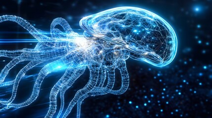 A hybrid organic-mechanical alien spaceship blueprint with intricate tentacle-like structures and energy pulsars.