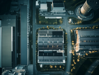 Fototapeta premium Aerial view on futuristic industrial zone with solar panels on rooftops of industrial buildings. Renewable energy concept. Green energy concept. Green energy for industrial business.