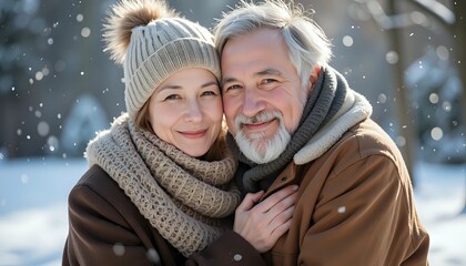 Smiling senior couple embracing in snowy winter wonderland - enduring love