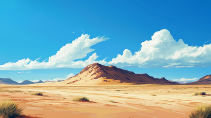 Fototapeta premium Expansive vast desert stretching endlessly under a bright blue sky, evoking solitude and boundless adventure