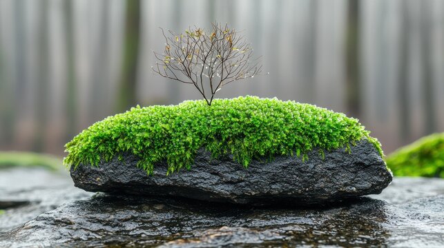 Mossy rock with tiny tree sprout, droplets. Forest background, damp and serene