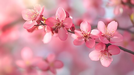 Obraz premium Soft-focus cherry blossom branch in full bloom. Delicate pink petals, evoking feelings of renewal, beauty and fresh energy of changing seasons